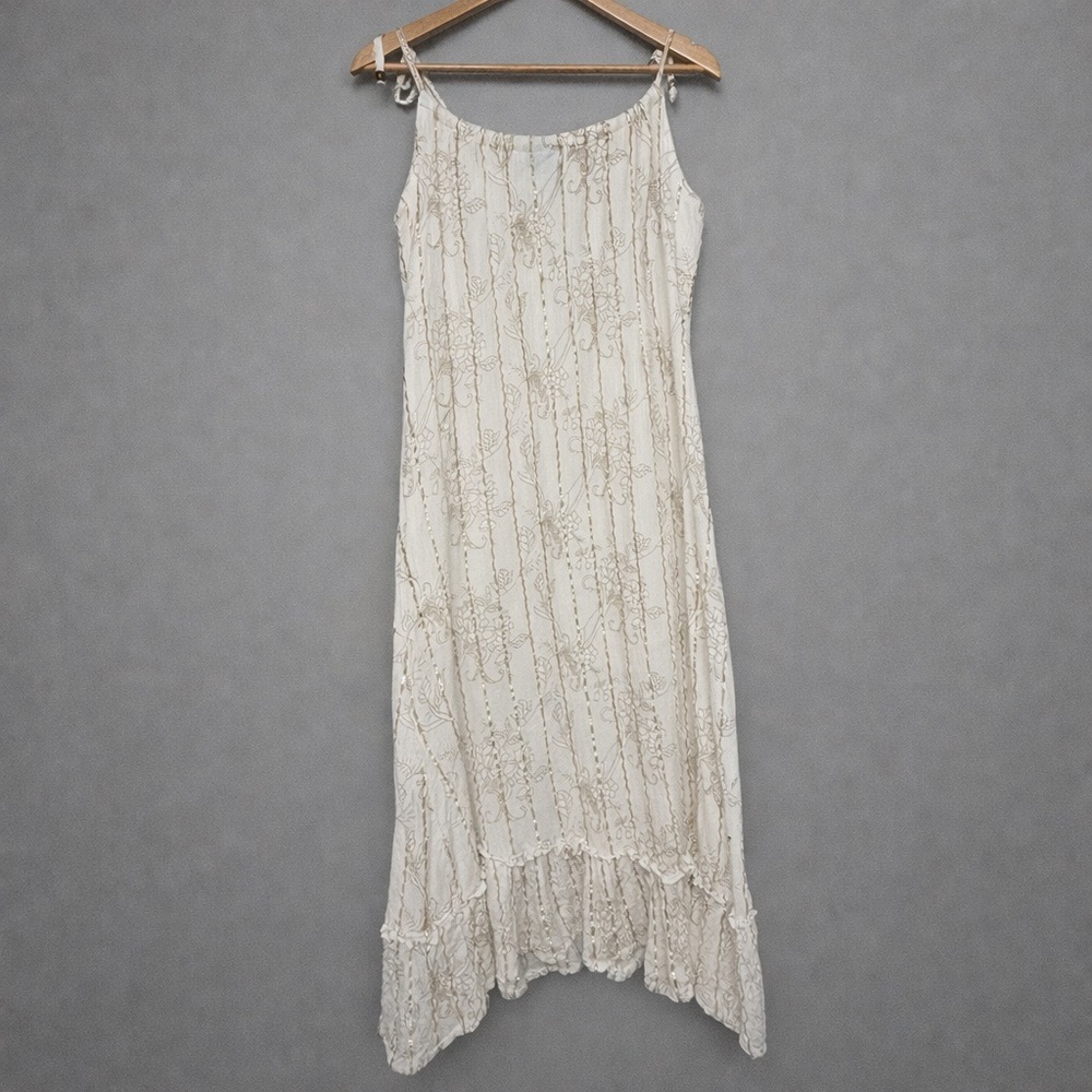 Quik Surfer Boho Cream Gold Floral Stripe Sundress Adjustable Strap Beach Dress - Picture 2 of 5